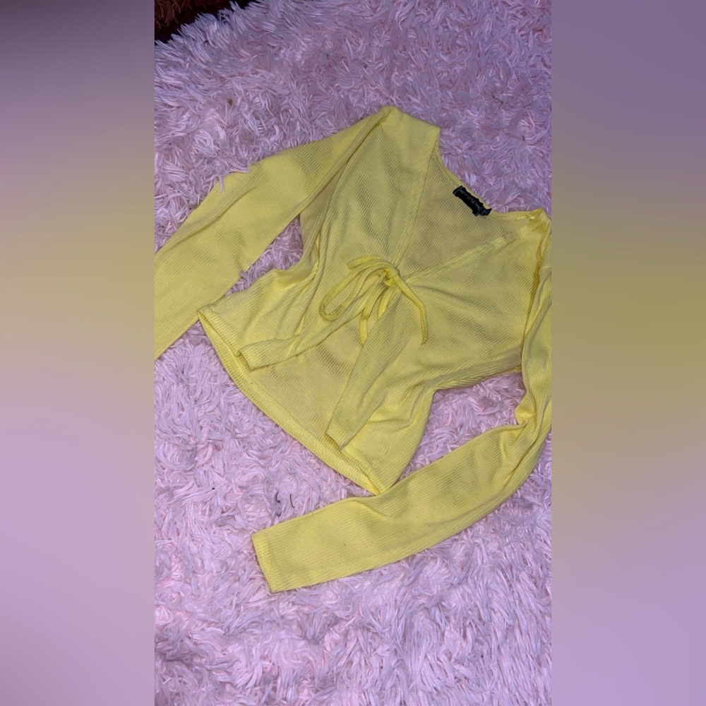 Bright Yellow, tie in front, long sleeve.